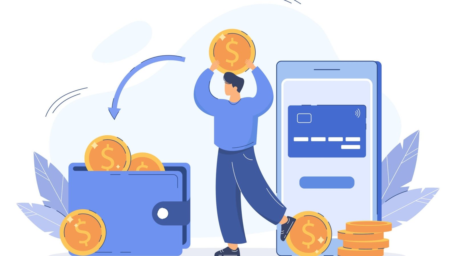 Flat man paying online and receiving cashback to e-wallet. Bonus money or reward back on credit card for purchase. Coins transfer from smartphone to wallet. Cash refund. Financial savings concept.