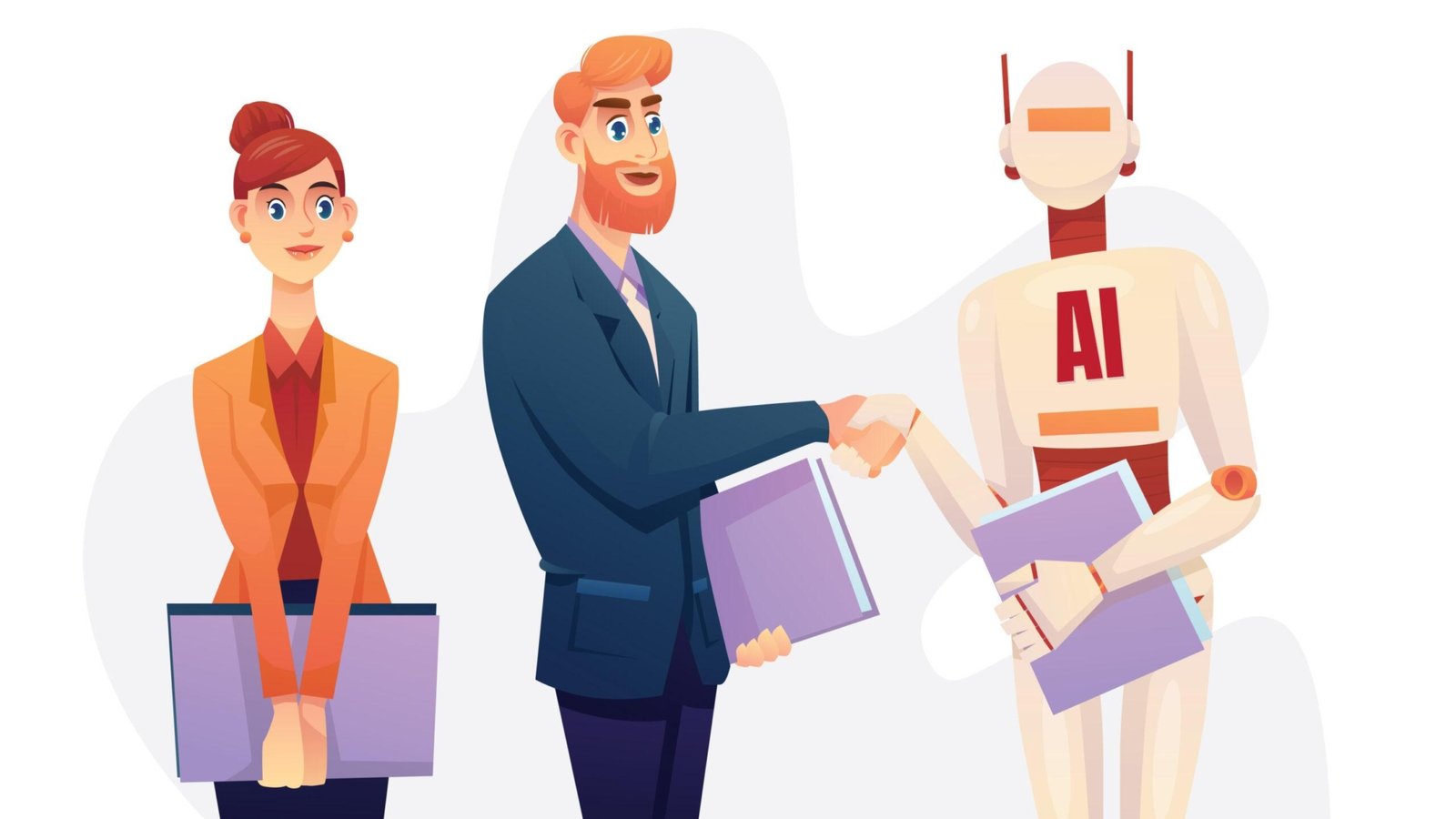 Businessman and robot handshake for deal and contract business partnership. AI (artificial intelligence technology) for business in future. Vector cartoon illustration