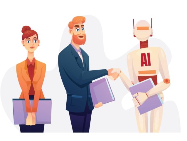 Businessman and robot handshake for deal and contract business partnership. AI (artificial intelligence technology) for business in future. Vector cartoon illustration