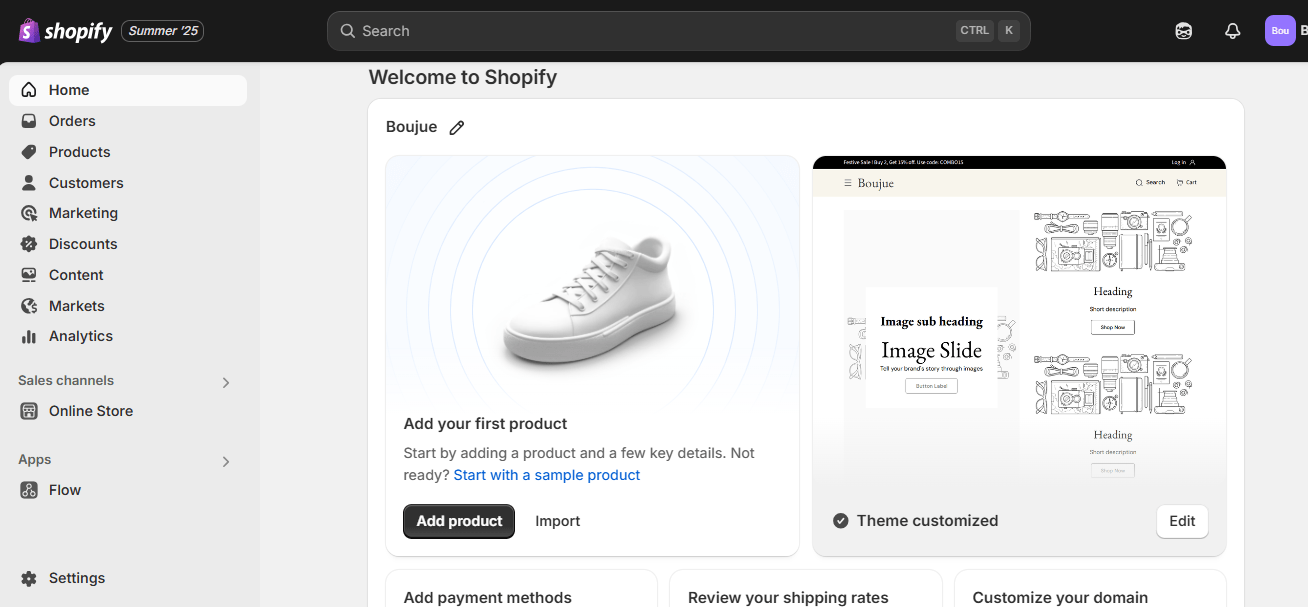 Shopify admin dashboard showing how to start a Shopify store